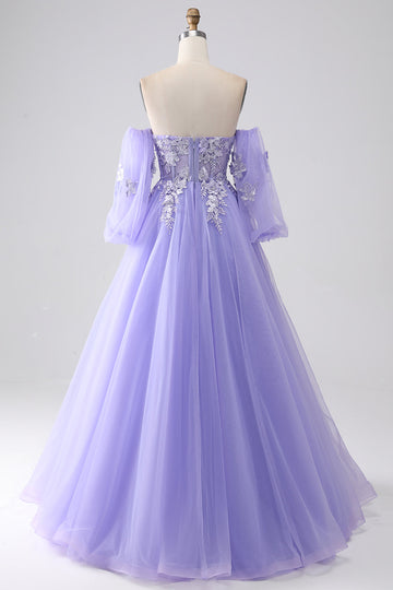 Lavender A-Line Strapless Tulle Long Formal Dress with Sleeves